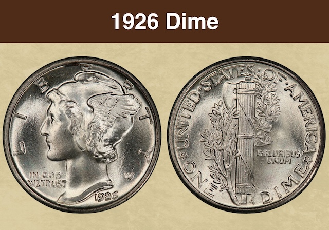 1926 Mercury dime obverse and reverse showing Liberty with winged cap and fasces design
