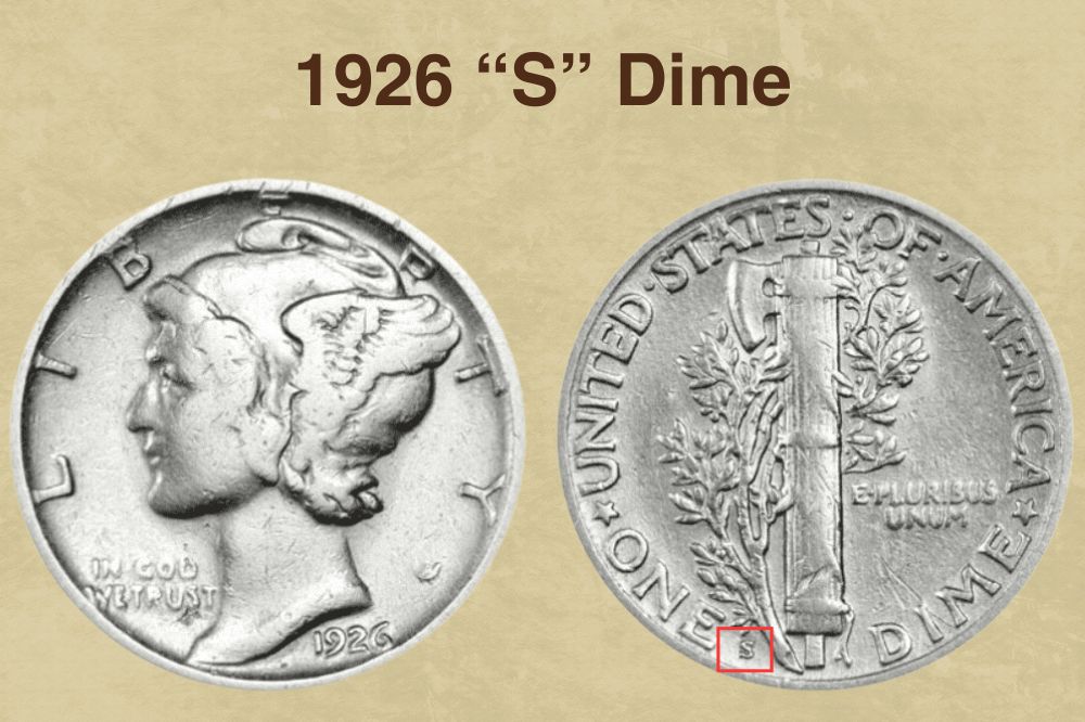 1926-S Mercury dime showing S mint mark and Liberty portrait with typical soft strike