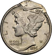 1926 Mercury dime off-center strike error showing crescent blank area with date still visible