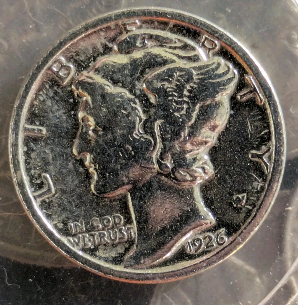 1926 Mercury dime lamination error showing silver surface flaking or peeling planchet flaw