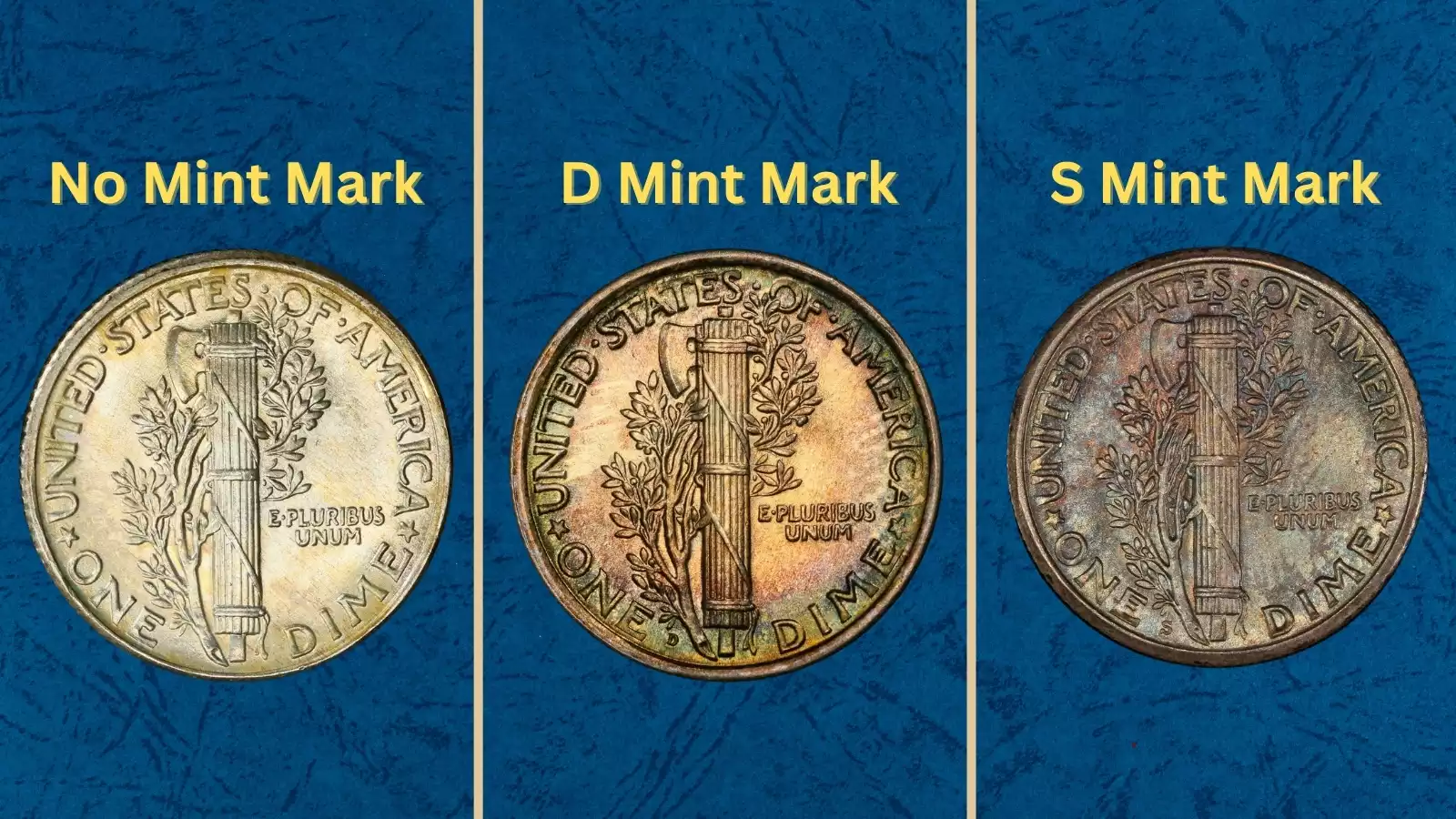 1926 Mercury dimes from all three mints — Philadelphia, Denver, and San Francisco — arranged together showing mint marks