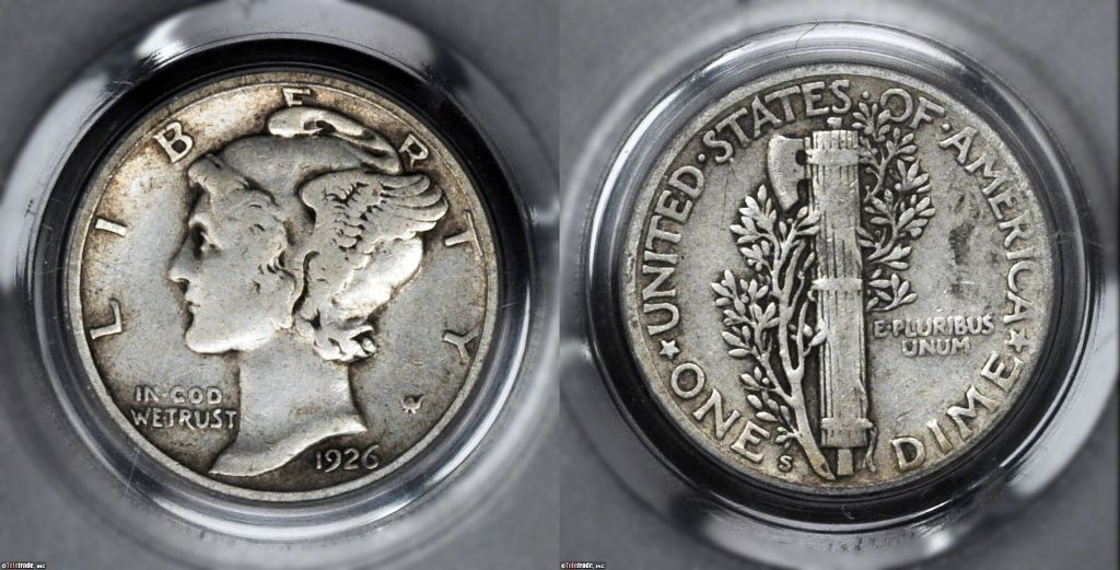 1926 Mercury dime grading strip showing four condition tiers from worn Good to Mint State